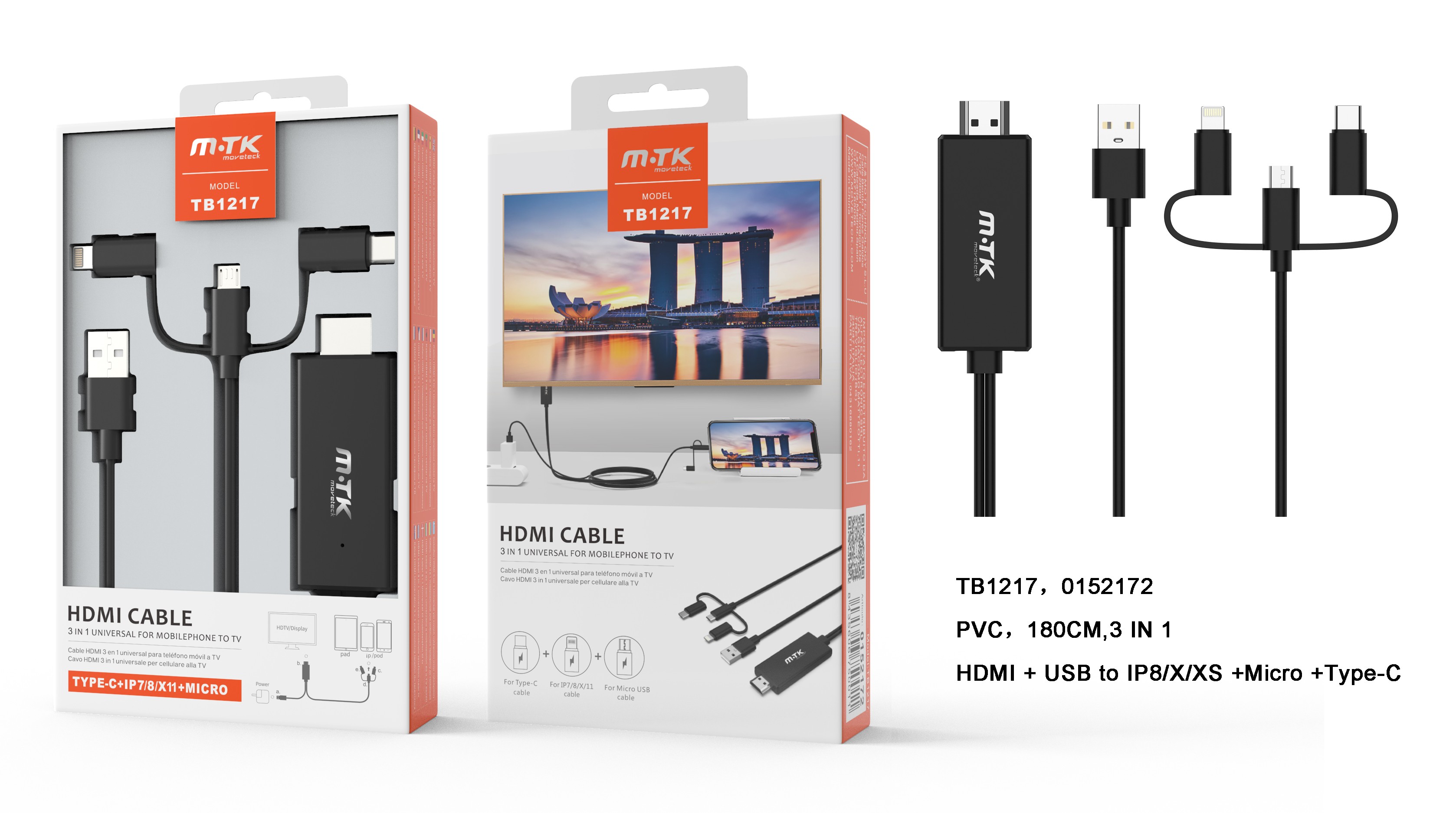 Cable HDMI TPE con conector para iOS, micro USB y Tipo C (Android)