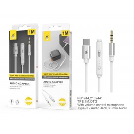 Cable Adaptador Audio Type C a 3,5mm Audio, M-M, con Microfono, Control de volumen y Boton multifuncion