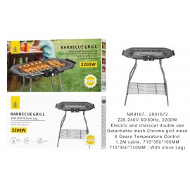 Barbacoa eléctrica con patas de doble uso, rejilla desmontable, Control de Temperatura de 6 marchas, Cable 1,2 M, 2200 W