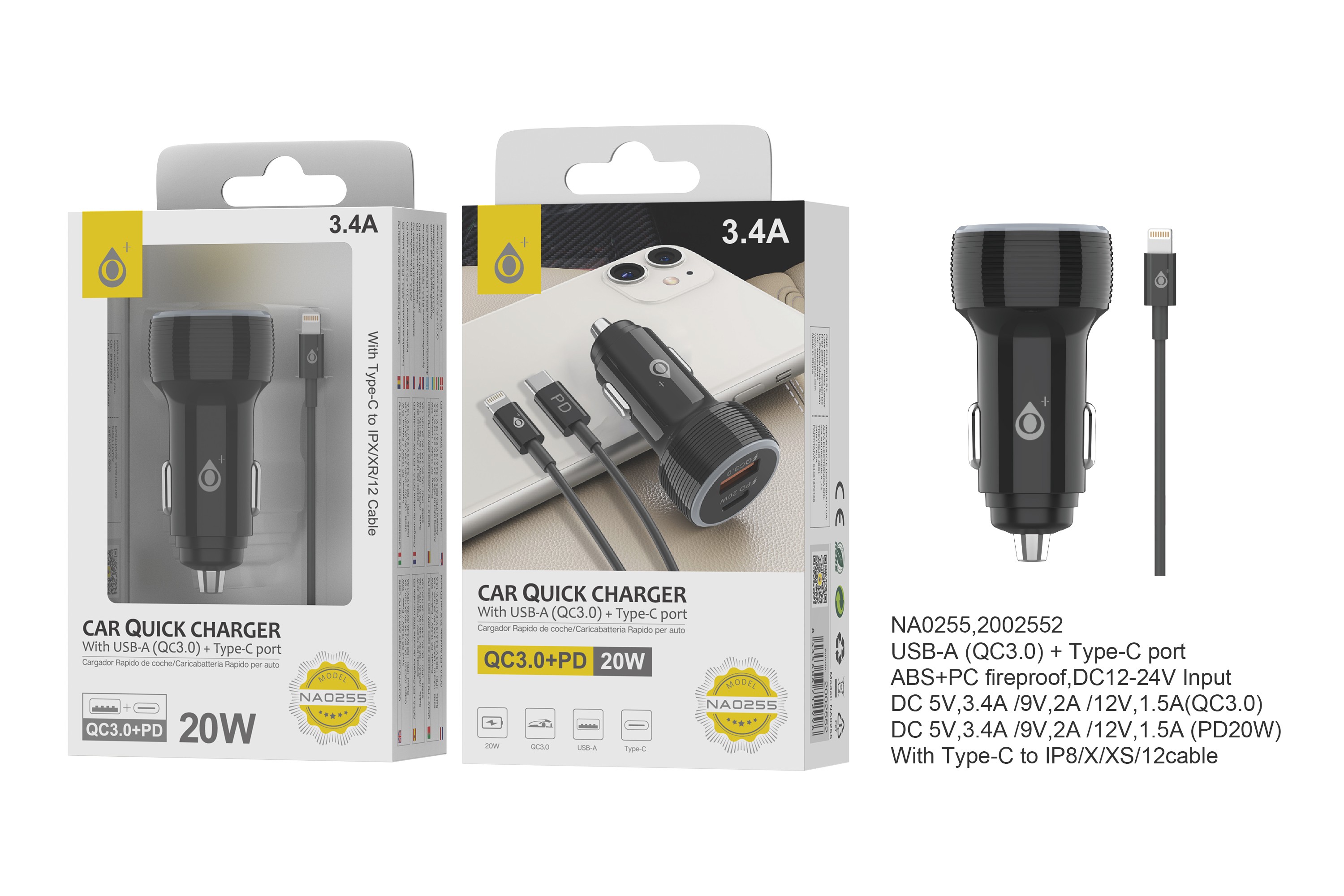 Cargador Rapido de Coche Bledsoe con Cable PD de Type C a IP, 1 USB (QC3.0)+1puerta PD, 3.4A MAX, 20W MOVIXOZ