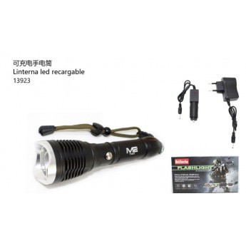 Linterna Led recargable/con pilas, distancia 250m, cargador de coche y de pared