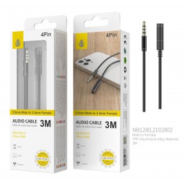 Cable de Audio Fox de Aluminio de 3.5mm a 3.5mm Macho a Hembra, 4Pin, Longitud 3 M