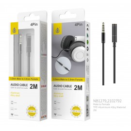 Cable de Audio Fox de Aluminio de 3.5mm a 3.5mm Macho a Hembra, 4Pin, Longitud 2 M