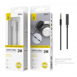Cable de Audio Fox de Aluminio de 3.5mm a 3.5mm Macho a Hembra, 4Pin, Longitud 2 M