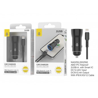 Cargador de Coche Biron con Cable IP 5-12, Chip de Reconocimiento Inteligente, con 2 USB, 2.4A,