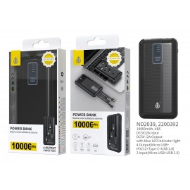 Powerbank 10000mAh, 2 Entrada( Micro USB+USB), 4 salida (MicroUSB+ IP+ Type-C+ USB), con Indicador de LED Azul 5V, 2A