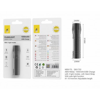 Linterna 3 modos, 1000mAh, carga USB