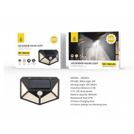 Lampara solar LED con 100 luces para exterior, con sensor de movimiento 3-5m, 120°, IP44,5W/800mAh/3.7v/300lumen