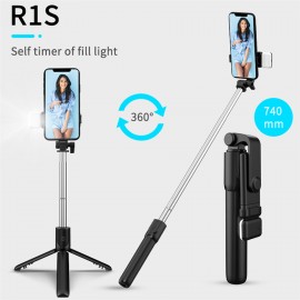 Palo de Selfie inalámbrico R1S con Bluetooth, luz de relleno LED 3 en 1, monopié de mano plegable extensible
