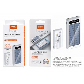 PowerBANK AYA con Panel Solar con luz de indicador 12000mAh/44.4Wh,2Entrada(Type-C+USB2.0), 4Salida con cable