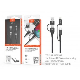 Cable de datos Wizoz 4 en 1 Carga Super Rapido PD 25W Max, 5V5A/12V2A, Type C/USB a Type C/IP 5-11, Longitud 1m