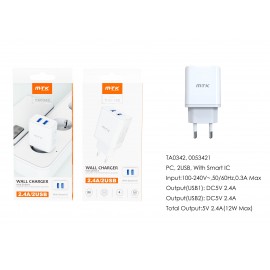 Cargador de Red Marga 2 USB Sin cable, Con Chip de Reconocimiento Inteligente, 5V/2.4A(12w MAXIMO)