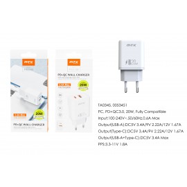 Cargador Rapido de Pared Marga Sin cable , Entrada Type-C(PD)+QC3.0)/20W/3.4A Max