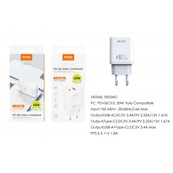 Cargador Rapido de Pared Marga Sin cable , Entrada Type-C(PD)+QC3.0)/20W/3.4A Max