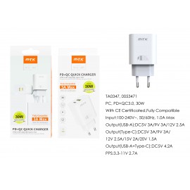 Cargador Rapido de Pared Marga Sin cable , Entrada Type-C(PD)+QC3.0)/30W/3A Max