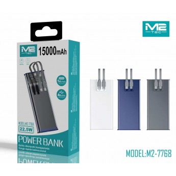 Power bank 15000mAh, anticircuito, 22.5W, con cables