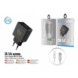 CARGADOR RAPIDO PARA CASA C/CABLE V8 NEGRO 3.1A