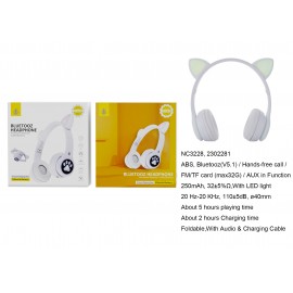 Auricular Bluetooth 5.1 Plegable, con Orejas de Gato con LED , con Mano libre , FM/TF(32GB)/Entrada de Audio, 250mAh