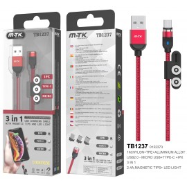 Cable de Carga 3 en 1 con Conectores Magneticos para MicroUSB, IP 5-11 y Type C, 2.4A 1M, Indicador  LED