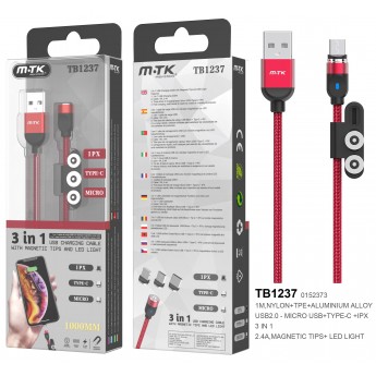 Cable de Carga 3 en 1 con Conectores Magneticos para MicroUSB, IP 5-11 y Type C, 2.4A 1M, Indicador  LED