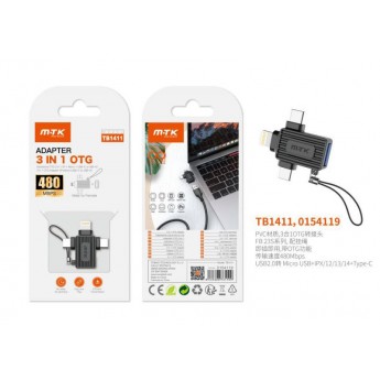 Adaptador OTG con Correa 3 en 1, USB 2.0 a Micro USB+Type-C+Lightning , 480Mbps