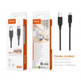 Cable de Impresora Tipo-C a USB 2.0, velocidad transferencia 480Mbps, Cable 1M