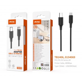 Cable de Impresora Tipo-C a USB 2.0, velocidad transferencia 480Mbps, Cable 1M