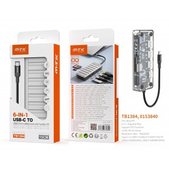 Lector TYPE-C Hub 4 en 1, 2*USB2.0 + 1*USB3.0+HDTV+SD+TF, Compatible con OTG/4K, 15CM