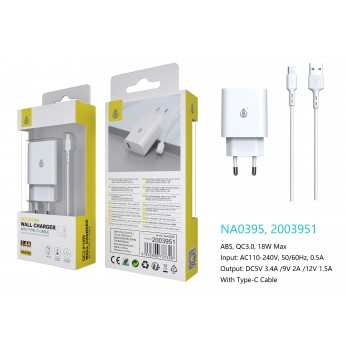 Cargador Rapido de Pared Berta, 1 puerto USB-A QC 3.0, Con Cable Type-C, 18W/3.4A(Max)