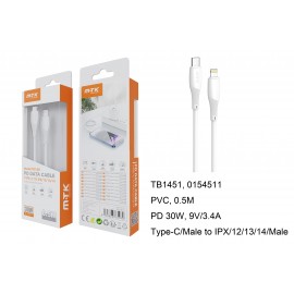 Cable de Datos Walsh PD Type C a Lightning, 30W/9V/3.4A, Cable 0.5m