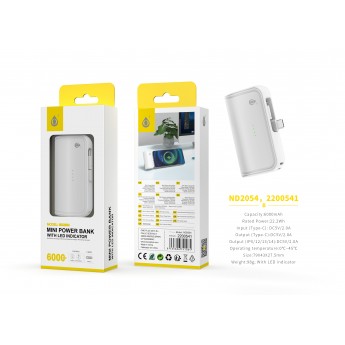 Mini PowerBack con luz de indicador, 6000mAh/22.2Wh, 1 Entrada Type-C, 2 Salida(Type-C+Lightning)