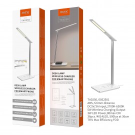 Lámpara metal de mesa LED 3W con Cargador Inalámbrico para móviles 5W y 1USB, LUZ blanco o amarillo ajustable