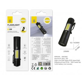 Linterna LED de aluminio con luz lateral,Resistente al agua (IP44),3 modos de luz, 5W Bateria 1*AA(No incluye), 6 uni/caja
