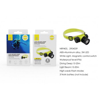 Linterna Frontal de Buceo led 3W, Con 3 modos luz(Fuerte, Medio y Estroboscopica), IPX6, maximo 20m