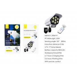 Lampara solar LED con 77 luces para exterior incluye mando, sensor de movimiento 3-5m,120°,IP44,20W/800mAh/3.7v/300lumen