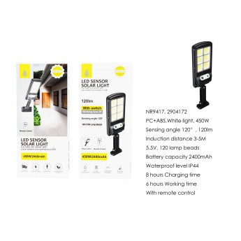 Lampara solar LED con 120 luces para exterior incluye mando, sensor de movimiento 3-5m, 20°,IP44,450W/2400mAh/5.5v/120lumen