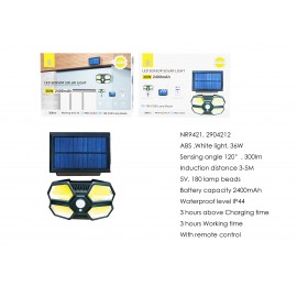 Lampara solar LED con 180 luces para exterior incluye mando, sensor de movimiento 3-5m, 120°,IP44,36W/2400mAh/5v/300lumen