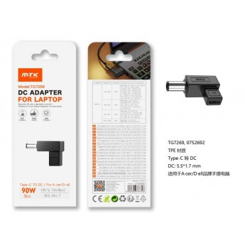 Adaptador Type-c a DC 5.5x41.7mm para portatil Acer/Dell, 90W/19.V/4.74A