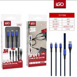 Cable nailon 3 en 1, USB a Micro/Lightning/Type-C,1.2M, 5 uni/paq