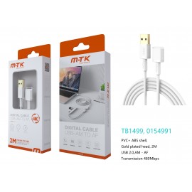 Cable USB 2.0 Macho a Hembra, 480Mbps, 2M