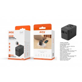 Adaptador de Enchufe Universal, 2500W con 2 puertos USB y 3 puertos Type C, Soporta a PD 65W Max para moviles y portatiles