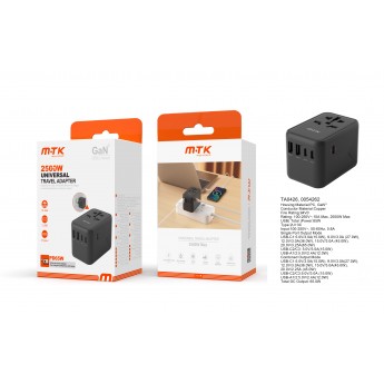 Adaptador de Enchufe Universal, 2500W con 2 puertos USB y 3 puertos Type C, Soporta a PD 65W Max para moviles y portatiles