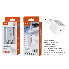 Cargador GaN de red rapida Sauce, 1 puerto USB-C PD, Sin Cable, 30W/3A(Max)