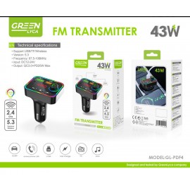 Cargador de movil para coche 43W, llamada/FM/Musica, BT 5.3,QC3.0+PD 25W Max, DC12-24V