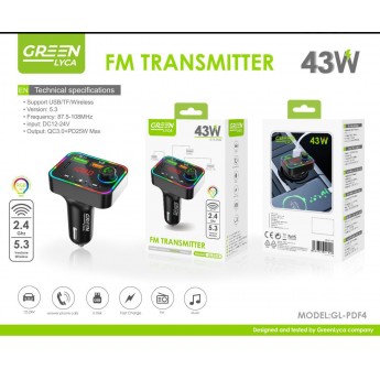 Cargador de movil para coche 43W, llamada/FM/Musica, BT 5.3,QC3.0+PD 25W Max, DC12-24V