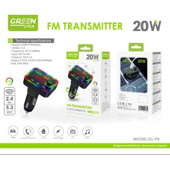 Transmisor FM con 2 USB-A+1 USB-C(PD 20W), Bluetooth 5.3 Manos Libres/USB , 87.5-108MHZ