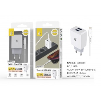 Cargador de Red S.Basic JODY 2 USB Con cable Iphone 5-13 , 2.4A