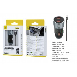 Cargador de Mechero Blaz Zin alloy con carga rapido, USB-C*2(40W Max), Con cable Type-C, 40W/3A Max