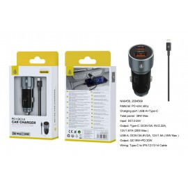 Cargador de Mechero Blaz Zin alloy con carga rapido, USB-C(20W)+USB-A QC 3.0(18W) Con cable Lightning, 38W/3A Max