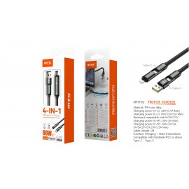 Cable de datos aluminio 4 en 1 USB-A/Type-C a Type-C/Iphone con carga rapida PD 60W/20V/3A, 1M